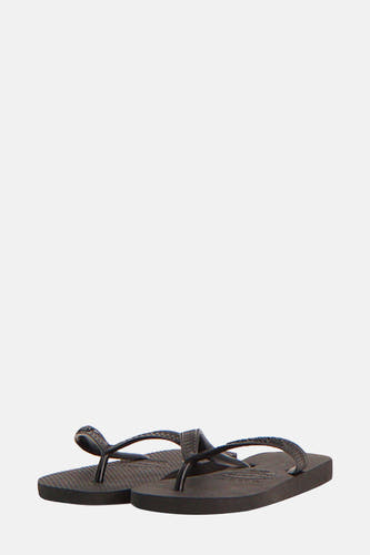 Zwarte slippers van Havaianas met een gevlochten bandje en een gestreept voetbed.
