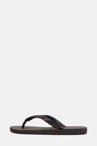 Chaussons noirs H Havaianas avec le marque marque sur la la, en vue de face.