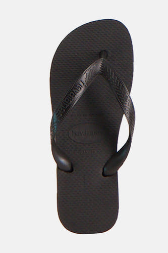 Chaussons noirs Havaianas avec une texture sur la semelle et des lacets à motif.