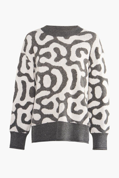 Sweat-shirt gris avec col rond de 24 couleurs, avec un motif blanc abstrait sur toute la surface.