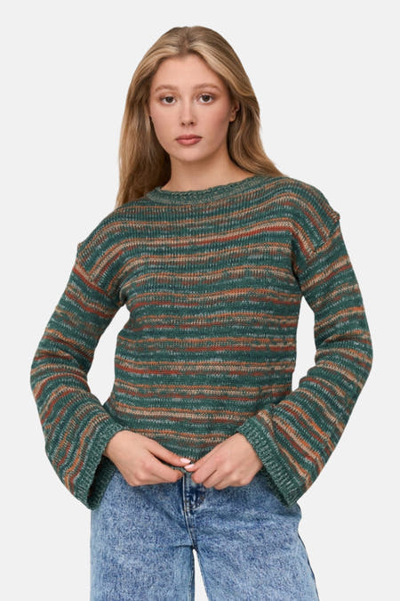 T-shirt vert avec col rond de 24 Colleurs,, un motif rayé et des manches longues et larges.