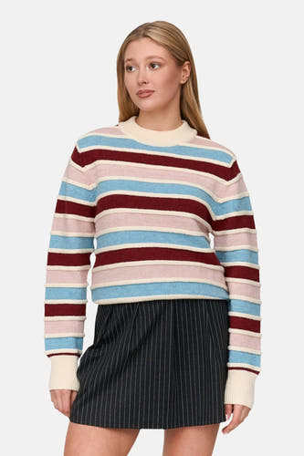 Sweat-shirt multicolore avec col rond de 24 Colours GMBH, à rayures et longues manches, associé à une jupe rayée.