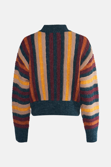 Sweat-shirt multicolore avec col rond de 24 couleurs, avec des rayures verticales en brun foncé.