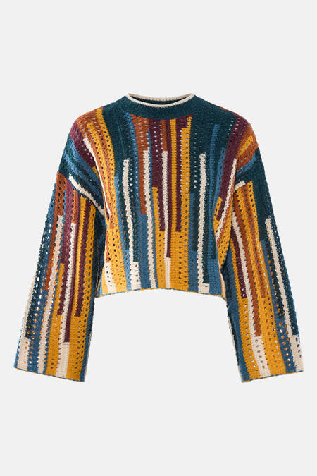 Sweat-shirt multicolore avec col rond de 24 Colleurs GMBH, avec des rayures verticales et un motif élargi.