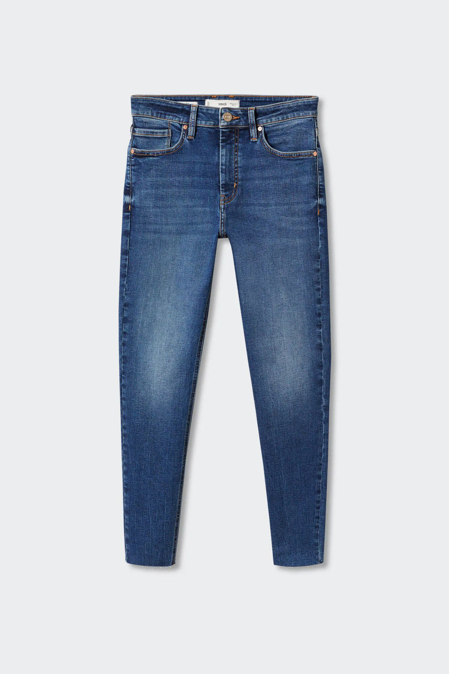 Jeans skinny taille haute en denim bleu moyen de MANGO, avec style classique à cinq poches et délavage léger.