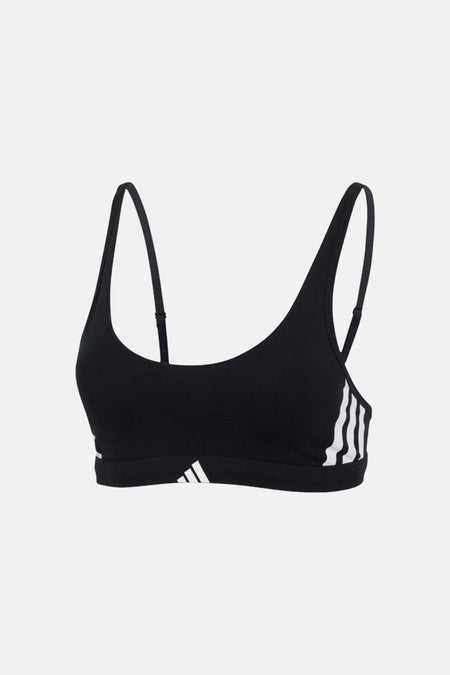 Zwarte sportbeha van Adidas met witte strepen aan de zijkant en dunne bandjes, vooraanzicht