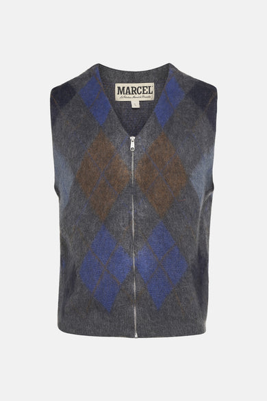 Veste sans manches à motif de carreaux de Le Fabuleux Marcel de Bruxelles, avec une fermeture éclair devant.