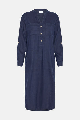 Robe bleue marine à longues manches de PULZ, avec poches poitrine et détails en nœuds.
