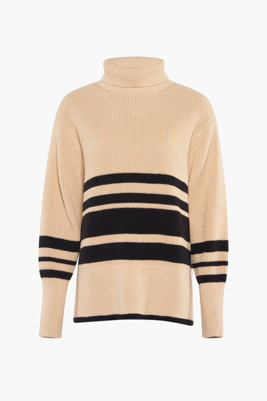 Gilet à col rond beige de PULZ, avec des rayures horizontales noires sur le milieu du corps et les manches.