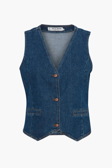 Blazer en denim bleu marine de PULZ Jeans, avec col V, fermeture à boutons et poches passepoilées.
