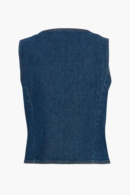 Blazer sans manches en denim bleu moyen de PULZ, vue arrière.