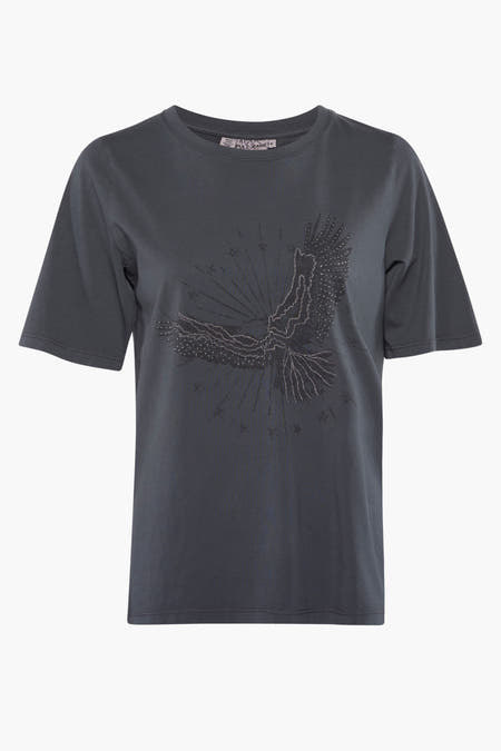 T-shirt noir à manches courtes de PULZ Jeans, avec un aigle et des strass.