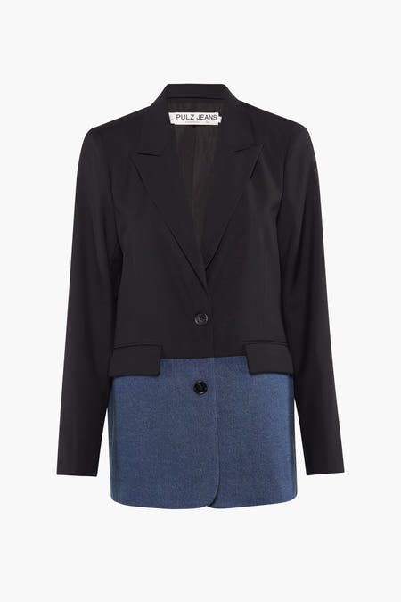 Blazer noir de Pulz, avec une partie inférieure en tissu denim, vu de derrière.