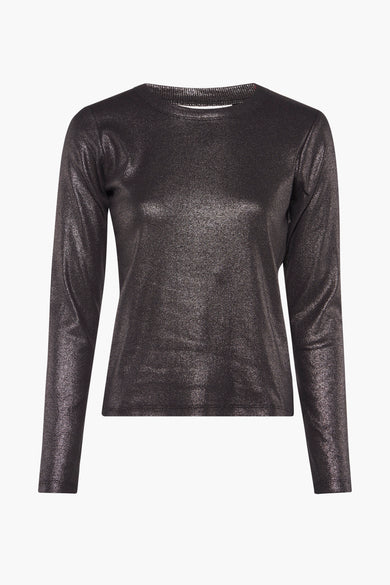 T-shirt à manches longues noir de PULZ, avec une texture métallique brillante sur un fond lisse.