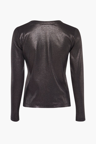 T-shirt noir à manches longues de PULZ, tissu brillant avec une texture de côtes verticales subtiles sur l'arrière.
