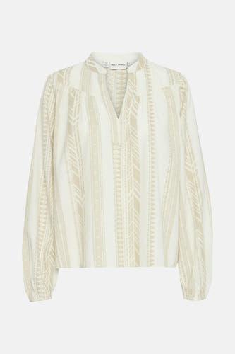 Blouse écru à longues manches de PULZ Jeans, avec un motif graphique all-over et un col V.