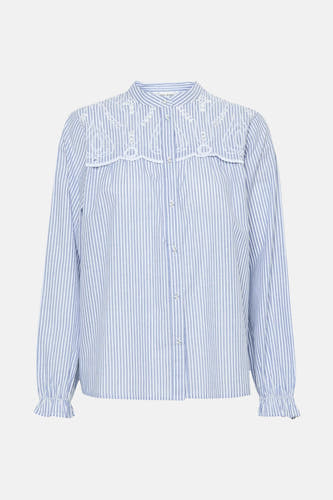 Chemise bleue rayée avec manches longues de PULZ, finie avec des détails en biais au col et aux poignets.