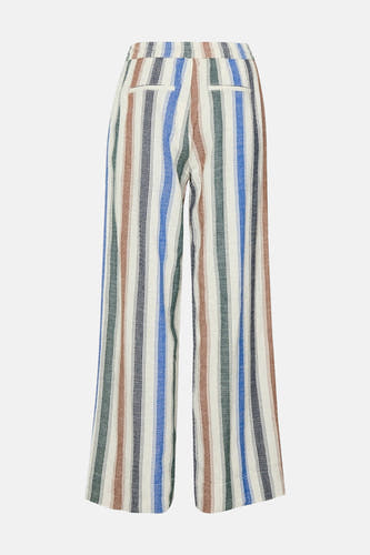 Pantalon multicolore de PULZ, avec des rayures verticales en bleu, marron, vert et blanc.