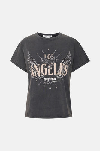 T-shirt noir à manches courtes de PULZ Jeans, avec impression de Los Angeles, ailes et étoiles.