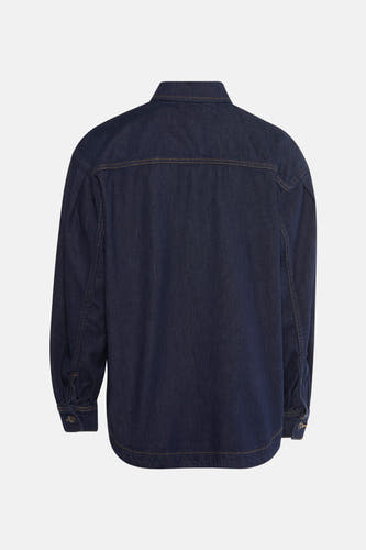 Chemise en jeans bleu marine de PULZ, vue de dos avec des manches longues et un col.