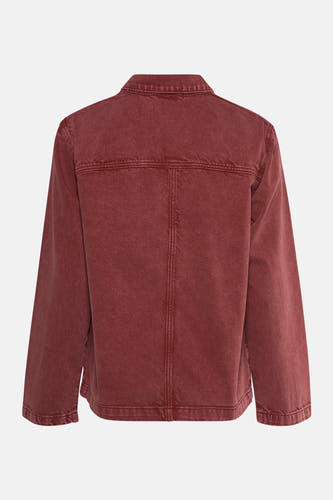 Veste en jeans rouge de PULZ, avec un col classique et des détails de broderie visibles sur le dos.