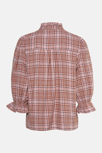 Blouse rose à manches trois-quarts de PULZ, avec un imprimé rayé et des plis aux manches.