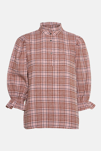 Blouse rose de PULZ avec un motif à carreaux, des manches trois-quarts et des plis aux poignets.
