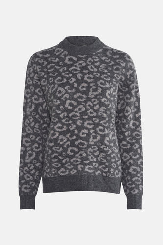 Sweat-shirt gris avec col rond de PULZ, doté d'un imprimé léopard dans différentes teintes de gris.