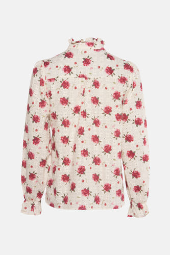 Blanc, chemise à longues manches de PULZ avec un motif de fleurs roses et un col plié, vu de l'arrière.