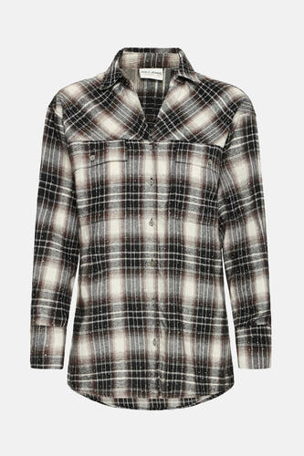 Chemise brune de PULZ Jeans avec un motif rayé et des manches longues.