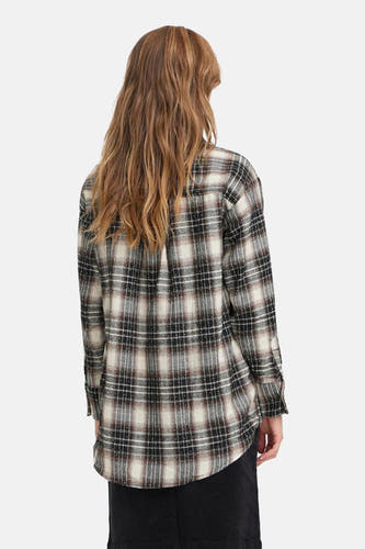 T-shirt marron de PULZ, avec un motif à carreaux et des manches longues, vu de dos.