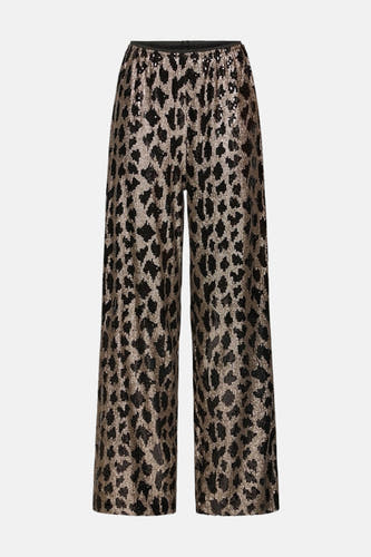 Zwarte broek van PULZ met een opvallend luipaardprint en pailletten afwerking.
