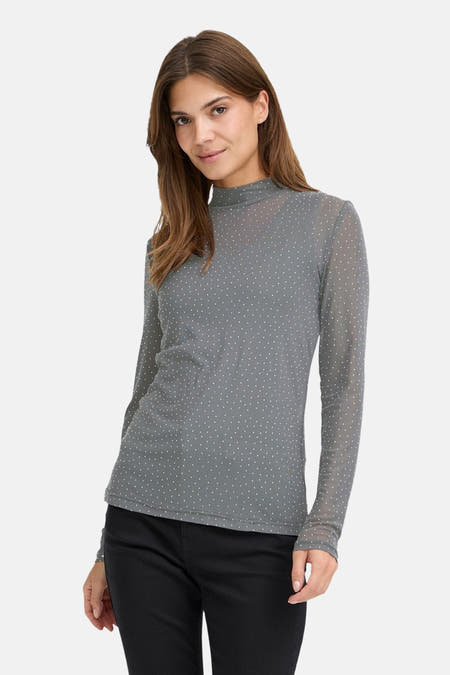 T-shirt gris PULZ avec des manches longues et des taches blanches, associé à un pantalon noir, vue arrière.