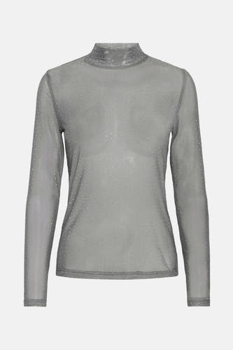 T-shirt gris de PULZ, à longues manches et orné de petits points d'argent.