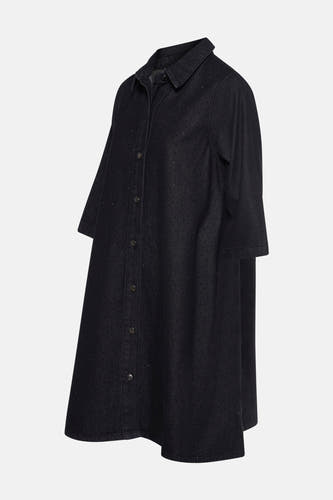 Jupe en denim noir à manches courtes de PULZ, avec fermeture à boutons et pierres décoratives dispersées.