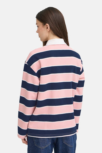 Multikleurige sweater van PULZ, met roze en marineblauwe strepen en lange mouwen, gezien van achteren.