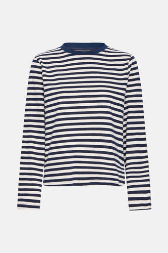T-shirt bleu rayé à longues manches de PULZ, avec un col rond et des fines rayures.