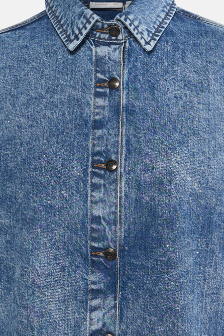 Veste en jean de couleur bleu moyen en denim de PULZ, avec fermeture à boutons et paillettes subtiles.
