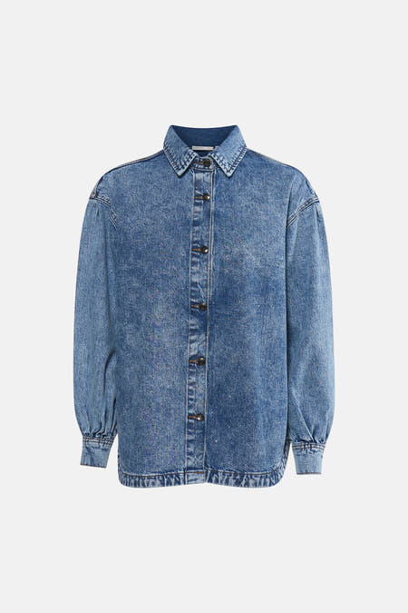 Veste en jean bleu en denim de PULZ, à manches longues et fermeture boutonnée.