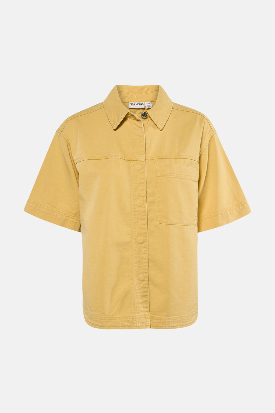 Chemise en jean jaune de PULZ, manches courtes, vue arrière avec empiècement et coutures apparentes.