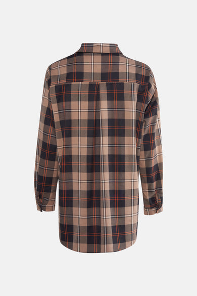 Blouse beige à longues manches de Terra di Siena, avec un motif à carreaux et une col, vue de derrière.