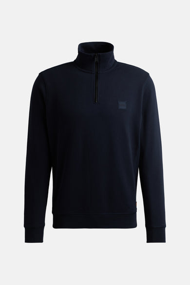 Gilet bleu avec col montant de HUGO BOSS ORANGE, doté d'une fermeture à glissière courte et d'un logo sur la poitrine.