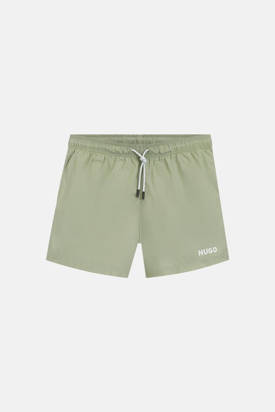Short de bain vert HUGO, avec cordons de serrage blancs et logo sur la jambe.