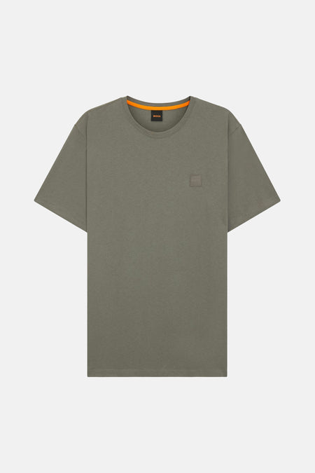 T-shirt gris à manches courtes de HUGO BOSS ORANGE, avec un carré logo discret sur la poitrine.