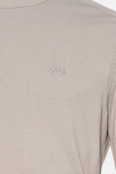 Pull gris à col rond de HUGO BOSS ORANGE, avec une fine structure côtelée et un logo brodé.