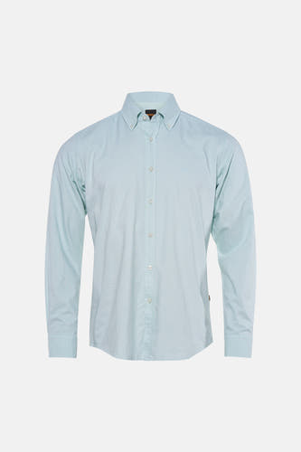 Chemise bleu clair de HUGO BOSS ORANGE avec col boutonné, logo BOSS brodé et boutons blancs.
