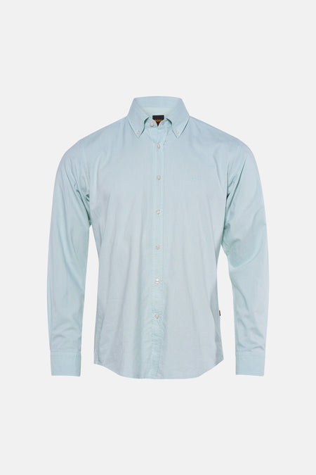 Chemise bleu clair de HUGO BOSS ORANGE avec col boutonné, logo BOSS brodé et boutons blancs.