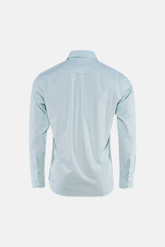 Chemise bleue HUGO BOSS ORANGE, finement texturée, vue arrière avec manches longues et plis au dos.