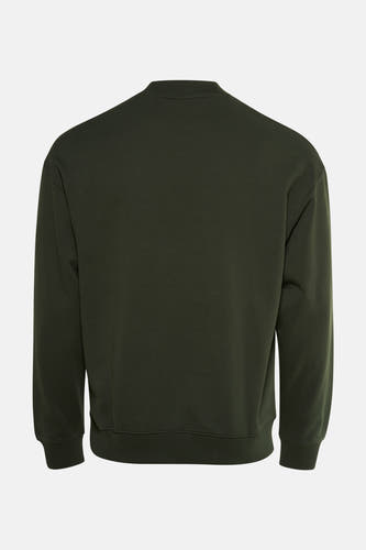 Pull-over vert de ronde col HUGO, montré du dos, avec des bordures côtelées et des manches longues.