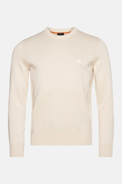 Sweat-shirt écru de HUGO BOSS ORANGE, avec un col rond, une texture côtelée et un détail de logo subtil.